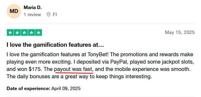 Maria D. TonyBet 5-star review on Trustpilot